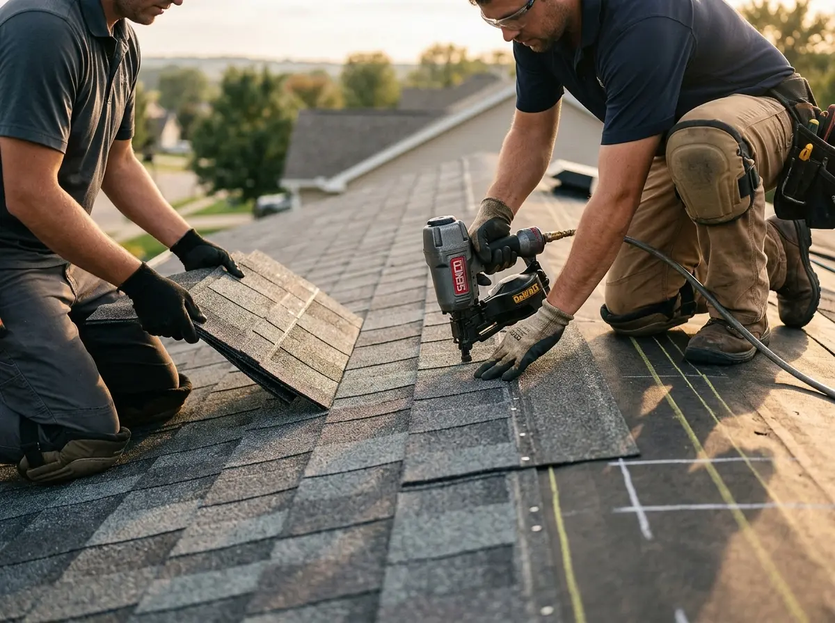 Professional roofer working on a residential roof in Glasgow Village